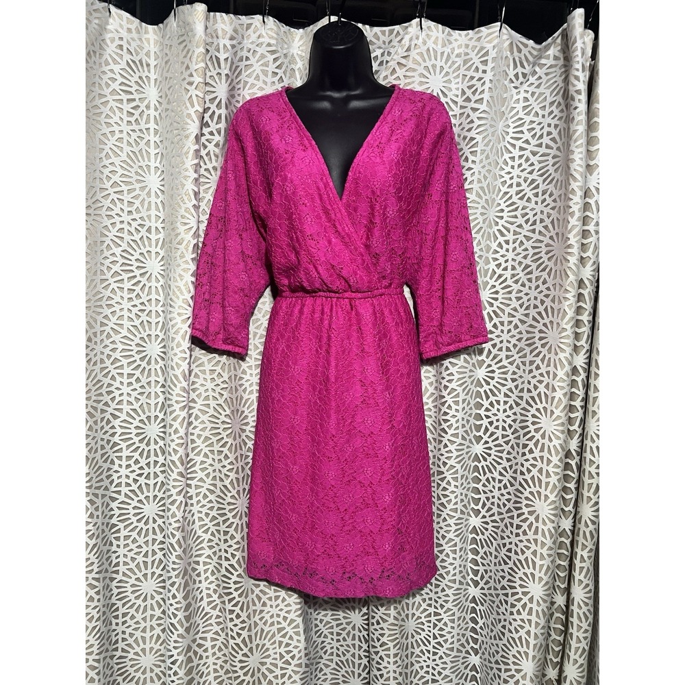 Torrid Pink Lace Faux Wrap Dress Surplice V Neck Pockets 3/4 Sleeve Plus Size 2